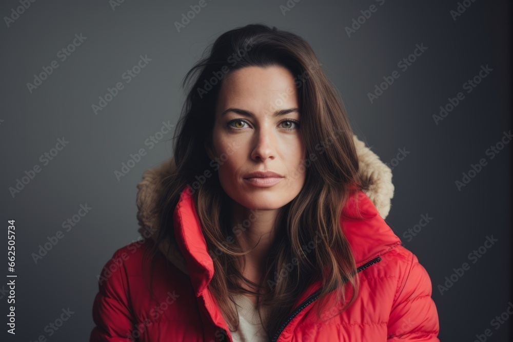 Closeup portrait of a beautiful woman in a red jacket on a dark background Closeup portrait of a beautiful woman in a red jacket on a dark background