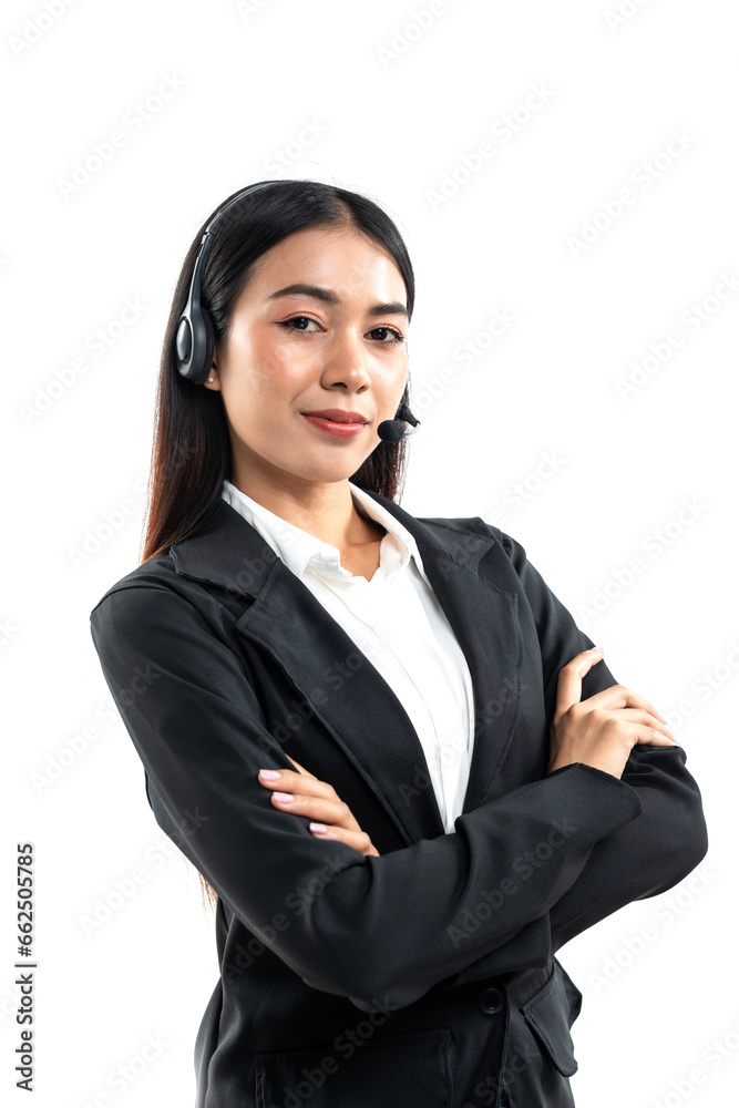Beautiful woman call center provides information to a customer calling for help. Talk using headphones or headsets isolated on white background. Beautiful woman call center provides information to a customer calling for help. Talk using headphones or headsets isolated on white background.