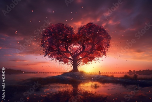 heart shaped tree with beautiful sunset. generative ai