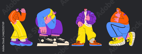 Retro boys 90s characters in tracksuits. Young people are dancing at the party. rapper, street gang
