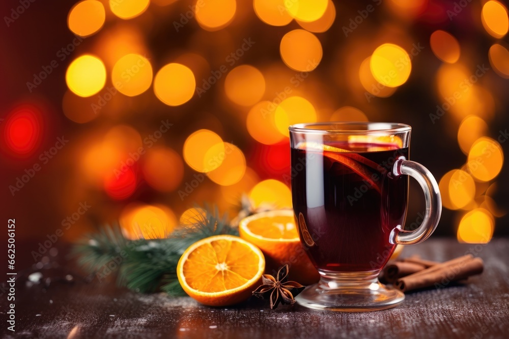 Christmas mulled red wine with spices and fruits on a wooden table against a background of Christmas lights. Traditional hot drink at Christmas