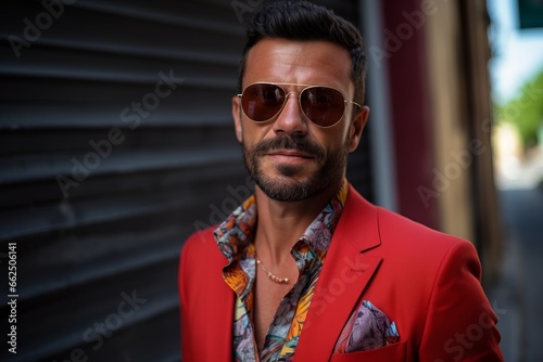 Portrait of a handsome young man wearing a red jacket and sunglasses.