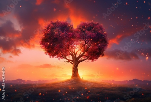 heart shaped tree with beautiful sunset. generative ai © LivroomStudio
