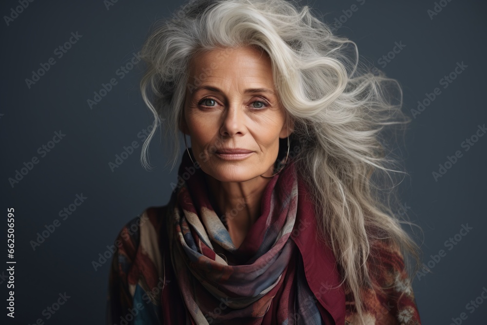Portrait of a beautiful senior woman with long white hair wearing a scarf