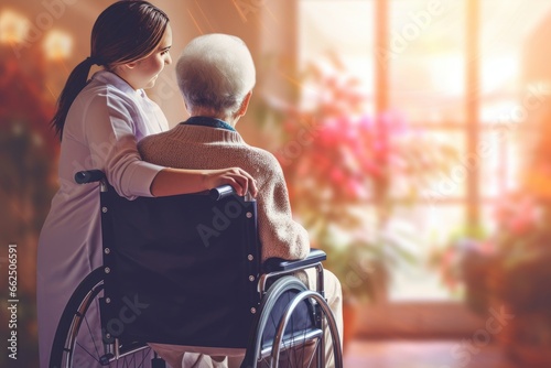 A mature woman in a wheelchair holds a woman's hand. elderly care concept photo