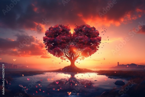 heart shaped tree with beautiful sunset. generative ai