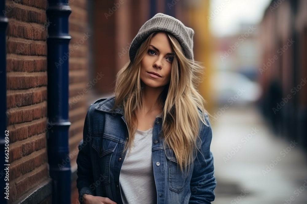 Outdoor portrait of a beautiful young woman in jeans jacket and hat