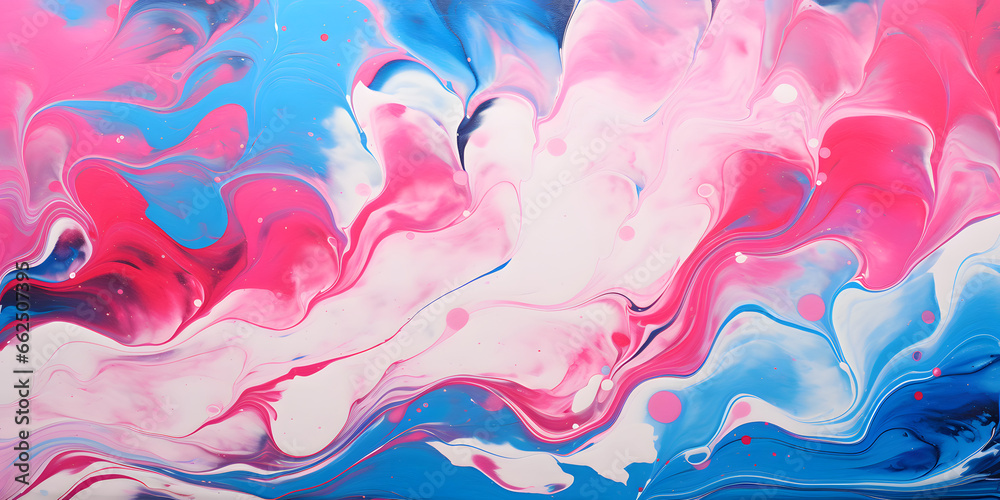 Liquid Textures: Colorful Red White and Blue Paintings blooming on the water's surface