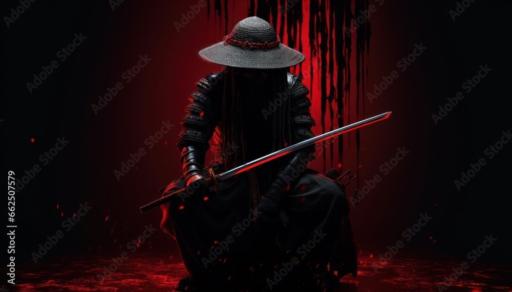 Fototapeta premium epic sceneof a samurai warrior wearing straw hat and holding his katana sword ,obscure face,red bloody background ,