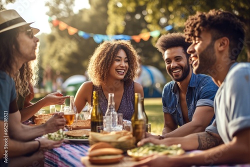 Mixed race friends having a picnic in the park, outdoor party. Rest outside the city. Happy people enjoy. Weekends in summer.