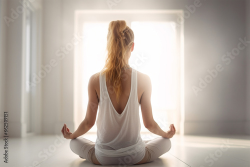 young girl practices yoga in lotus position in the room in the morning.