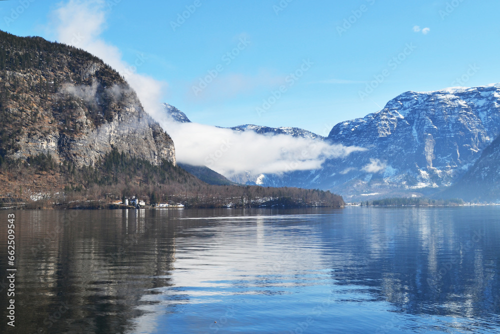 Beautiful Hallstatt Lake located in Hallstatt, Austria, in winter