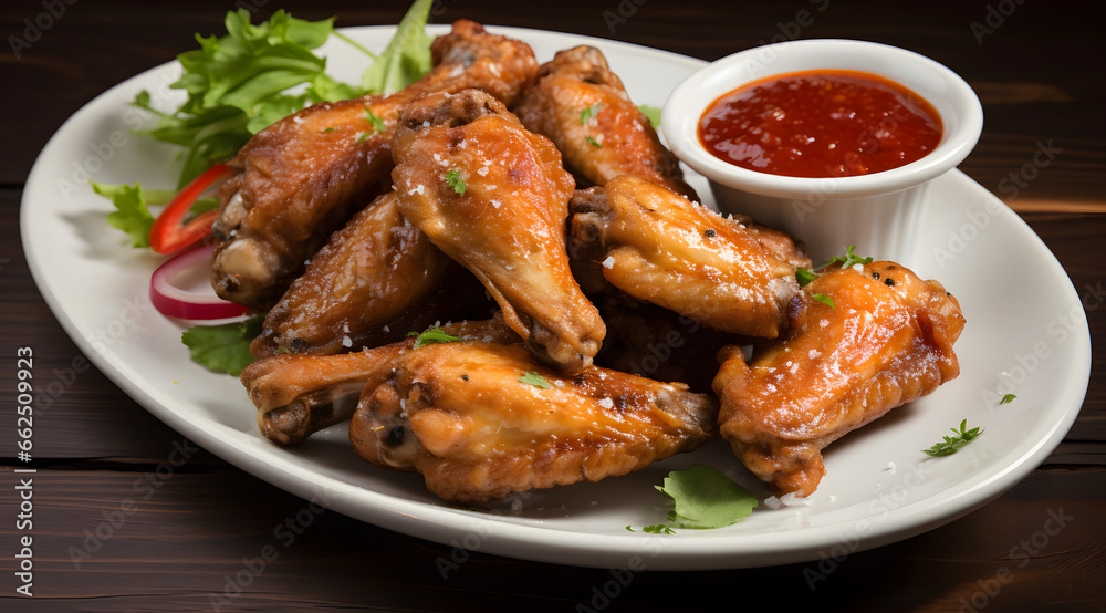 Fried Chicken Wings with Thai Dipping Sauce on White Plate Over Wood Fried Chicken Wings with Thai Dipping Sauce on White Plate Over Wood