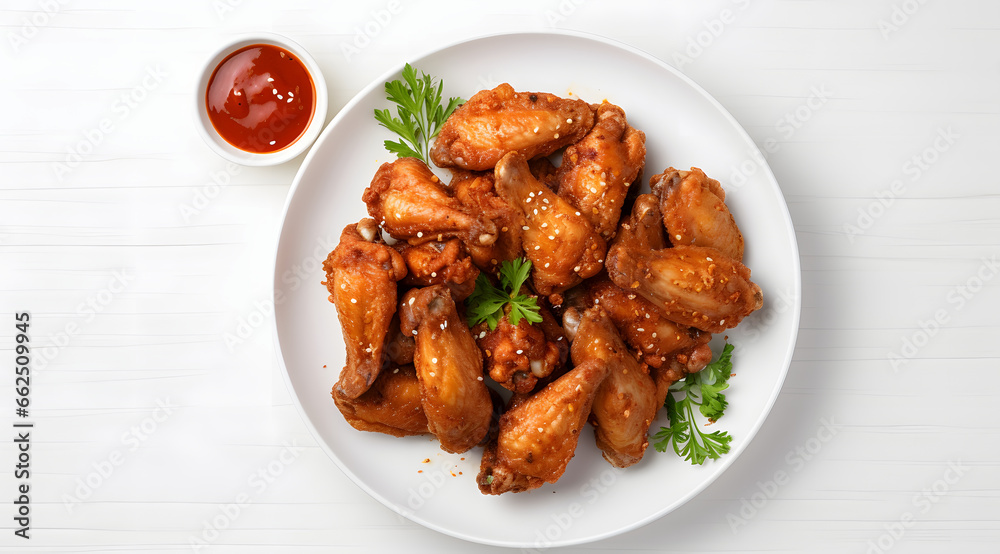 Fried Chicken Wings with Thai Dipping Sauce on White Plate Over Wood Fried Chicken Wings with Thai Dipping Sauce on White Plate Over Wood