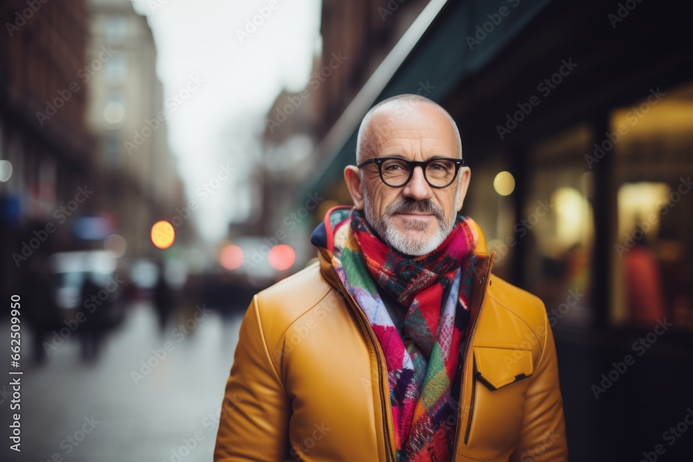 Portrait of a senior man in the city. Man wearing yellow coat and scarf