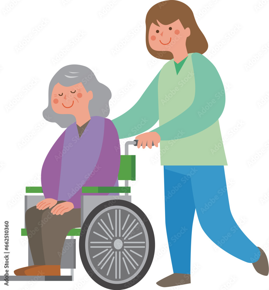 車いすに乗る高齢者と車いすを押す女性 車いすに乗る高齢者と車いすを押す女性