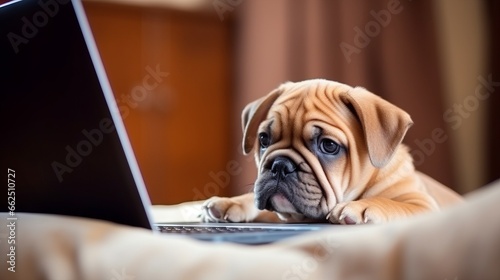 An adorable dog using a laptop. Generative AI.  © Elle Arden 