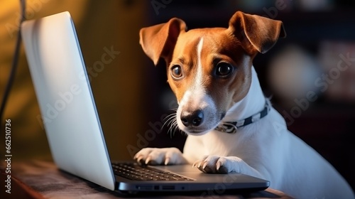 An adorable dog using a laptop. Generative AI.  © Elle Arden 