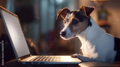 An adorable dog using a laptop. Generative AI. 