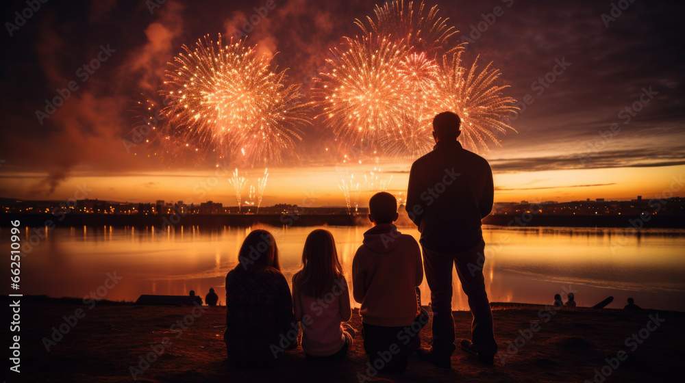 Back view of a young family watching fireworks