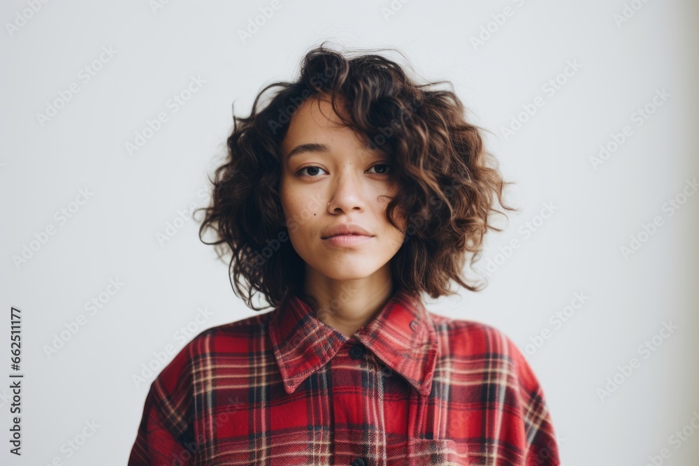 Portrait of a young girl with curly hair in a plaid shirt Portrait of a young girl with curly hair in a plaid shirt
