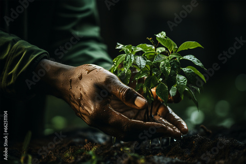 male hands holding a young tree seedling. caring for nature and preserving the environment. Ecological concept of saving the world and loving nature