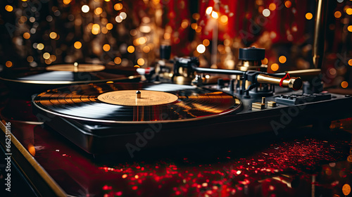 A vinyl record on a record player with a gold blurred background at a party