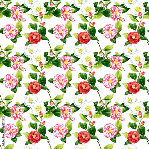 Wallpaper Mural 紅白の椿のシームレスパターン　手描き水彩イラストの花柄 Torontodigital.ca