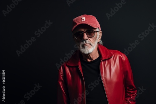 Portrait of a senior man wearing a red cap and sunglasses.