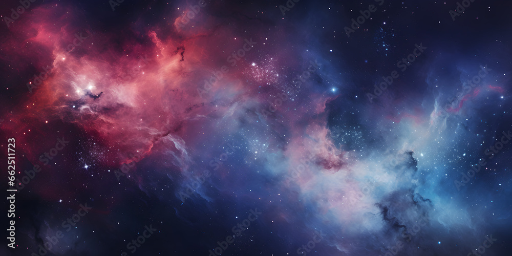 Fototapeta premium Starry Space: Blue and Purple Colors, Dreamlike Bokeh, Light Red, and Dark Azure Celestial Caustics Background