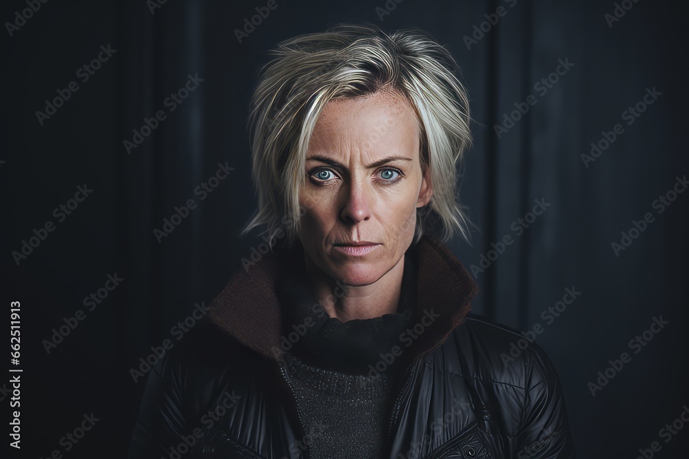 Portrait of a beautiful middle aged woman in a black leather jacket and scarf Portrait of a beautiful middle aged woman in a black leather jacket and scarf