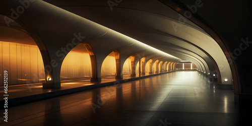Futuristic Transit  Sleek Interiors of a Modern Terminal  a series of arching support beams creating a rhythmic  futuristic atmosphere  illuminated by soft  ambient lighting