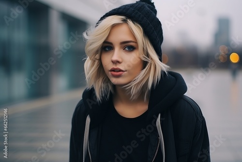 Portrait of a beautiful young woman in a black coat and hat.