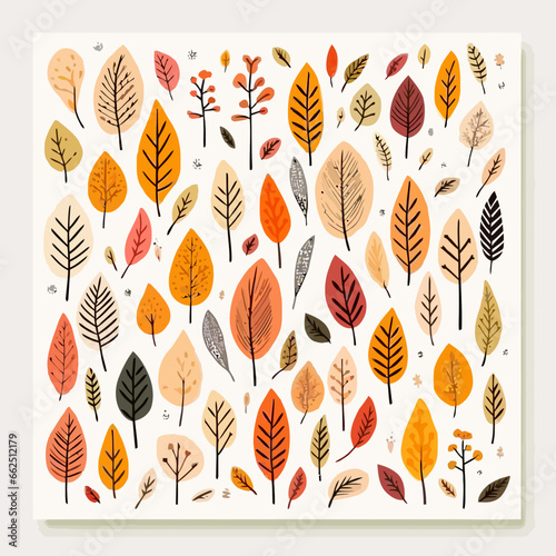 Foliage and autumn colors quirky doodle pattern, background, cartoon, vector, whimsical Illustration