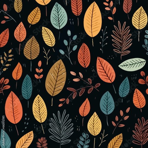 Foliage and autumn colors quirky doodle pattern, background, cartoon, vector, whimsical Illustration