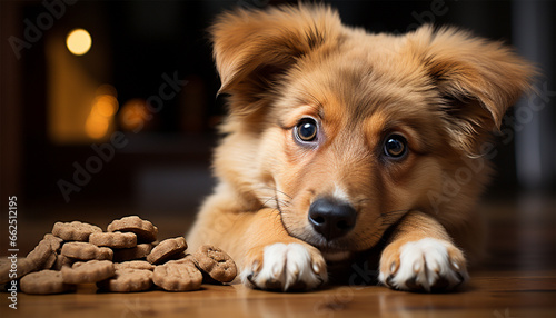 cute dog with dog biscuits. 