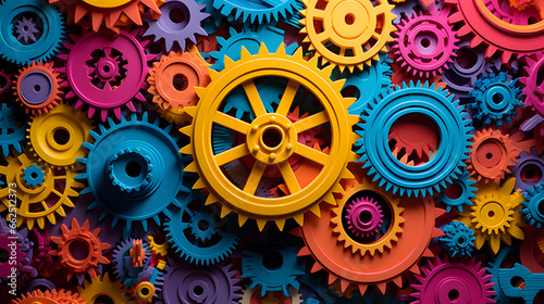Colorful gears on a dark background, Precision in Motion: Exploring the World of Mechanics photo