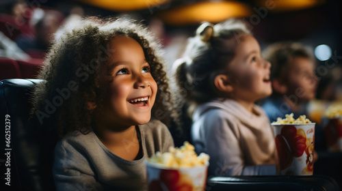 Kids laugh and enjoy a movie, munching on popcorn in the cinema
