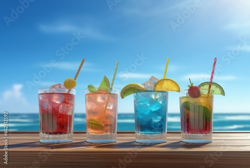 assorted summer cocktails on a wooden table with a beautiful beach setting. generative ai