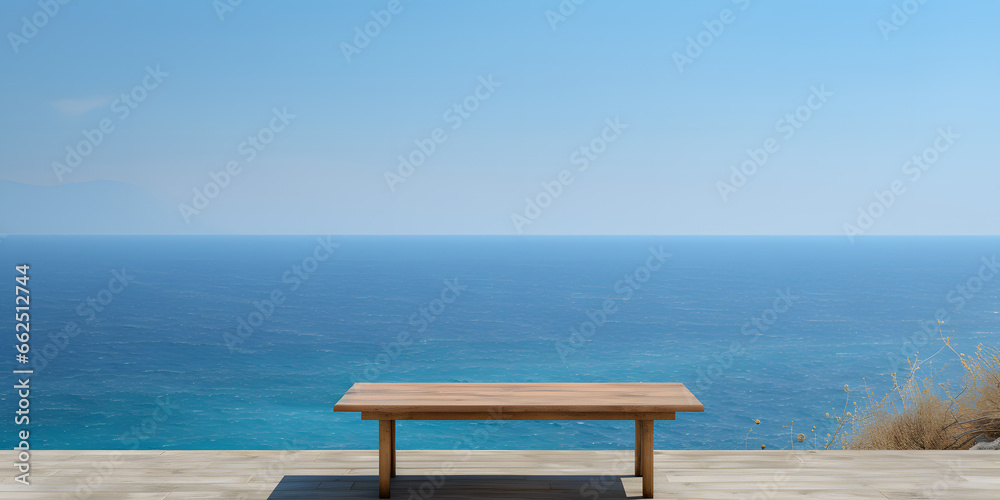 Seaside Escape: A Tranquil Beach Mockup with a Wooden Deck Overlooking the Ocean Seaside Escape: A Tranquil Beach Mockup with a Wooden Deck Overlooking the Ocean