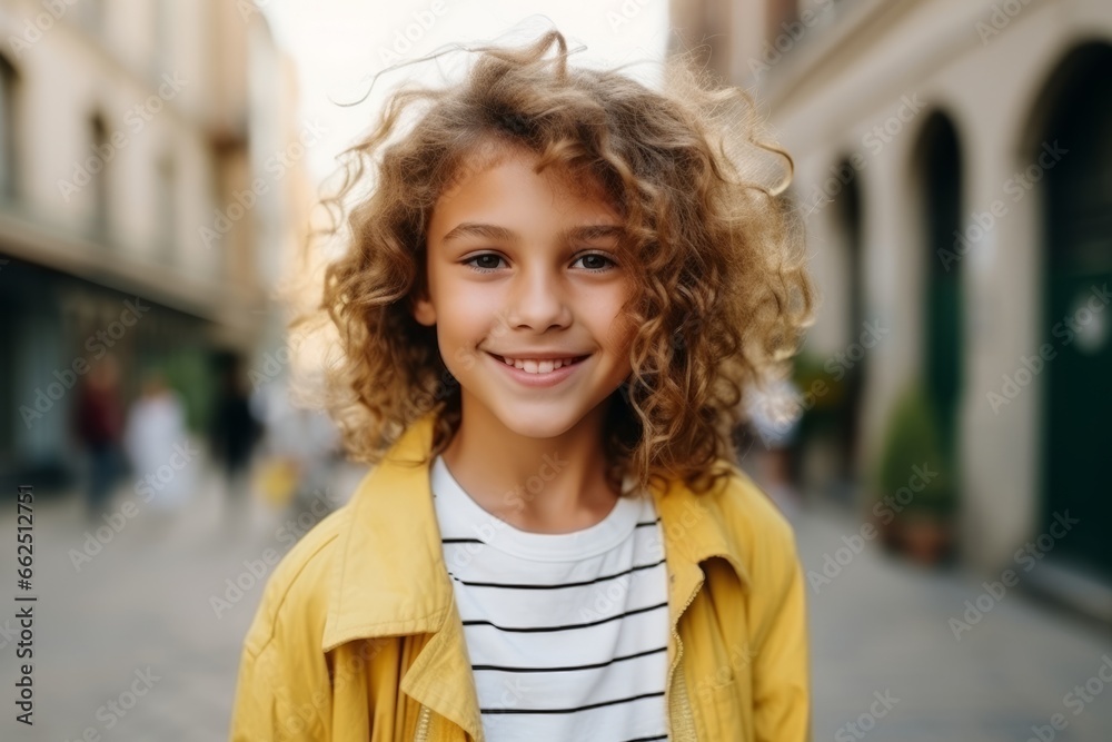 Portrait of a cute little girl with curly hair in the city