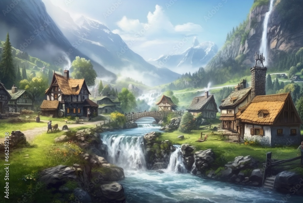 Naklejka premium a small village with a beautiful waterfall. generative ai