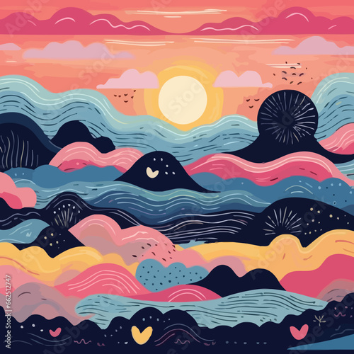 Stormy sunset over a beach quirky doodle pattern, background, cartoon, vector, whimsical Illustration
