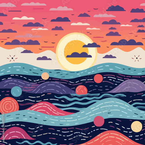 Stormy sunset over a beach quirky doodle pattern, background, cartoon, vector, whimsical Illustration