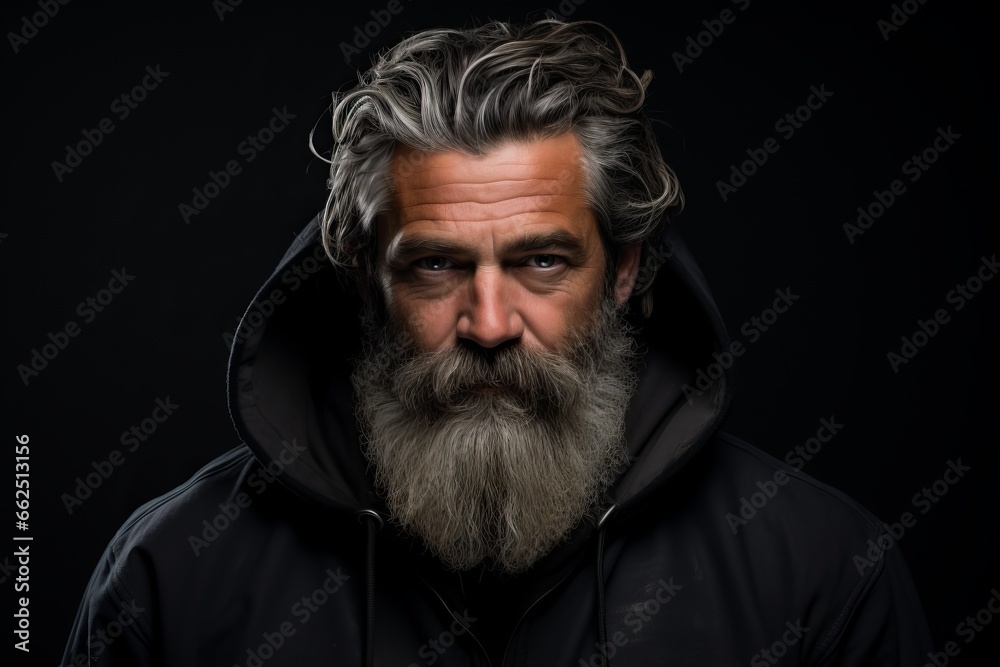 Portrait of a handsome mature man with long gray beard and mustache. Studio shot on black background.