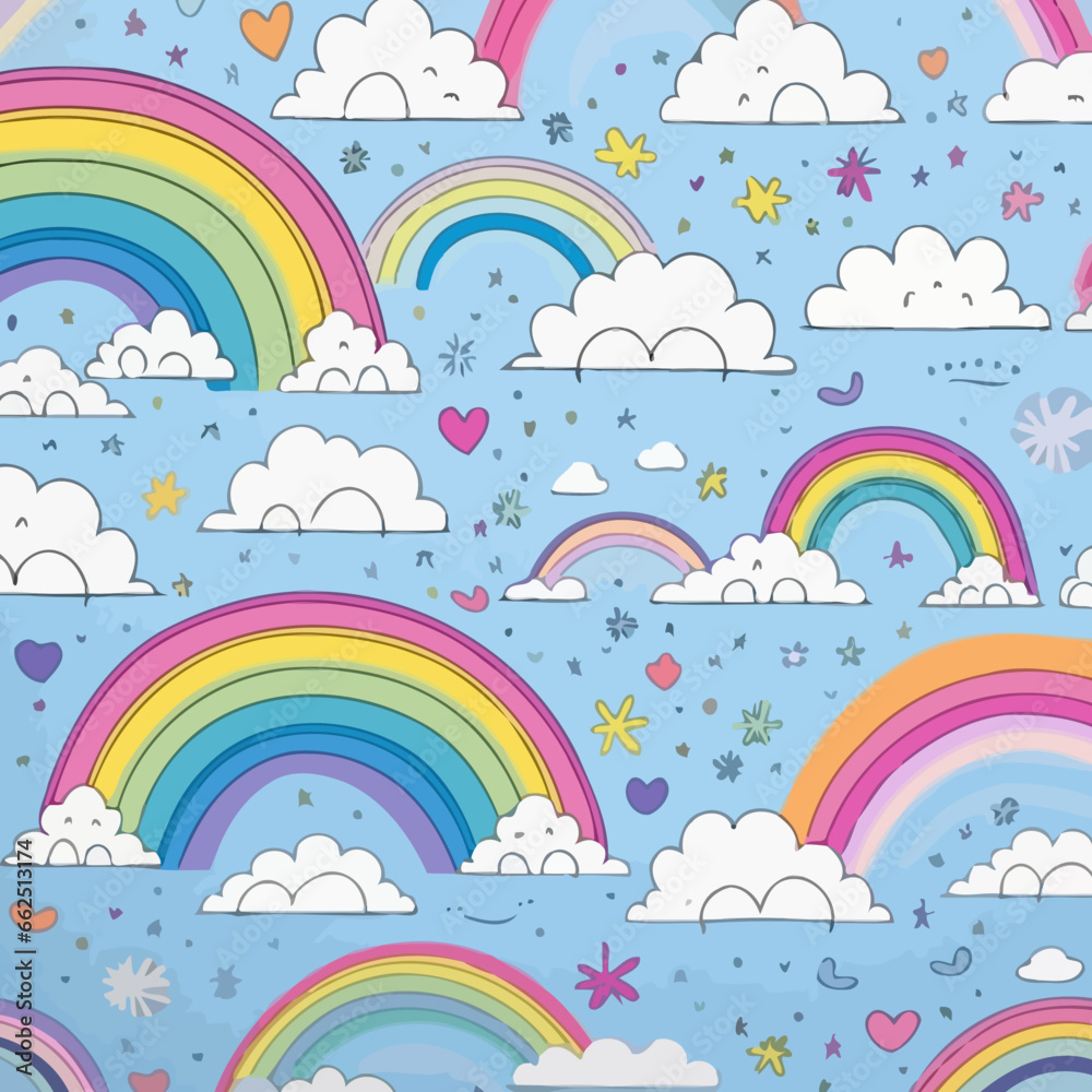 Rainbow after a storm quirky doodle pattern, background, cartoon, vector, whimsical Illustration