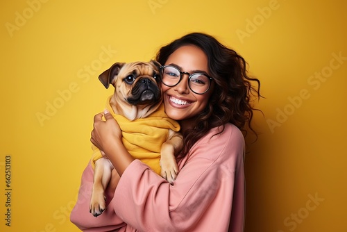 Latin woman hugging her pug dog, isolated on a yellow background. Studio shot with copy space.