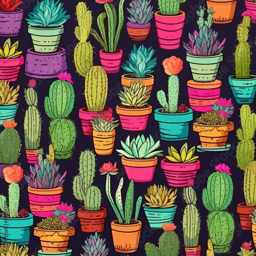 Cactus and succulent plants quirky doodle pattern, background, cartoon, vector, whimsical Illustration