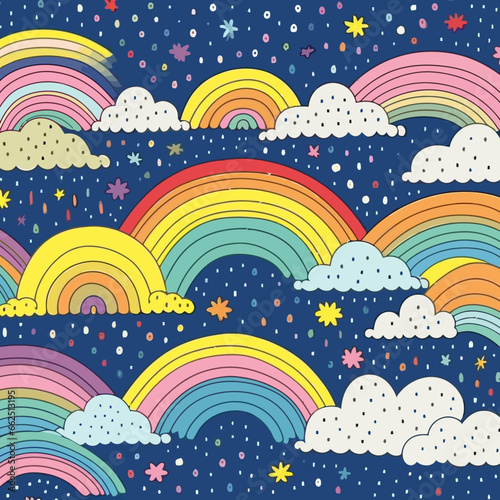 Rainbow after a storm quirky doodle pattern, background, cartoon, vector, whimsical Illustration