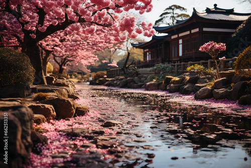 Serenity Blooms: Cherry Blossoms in Japanese Landscape by Temple